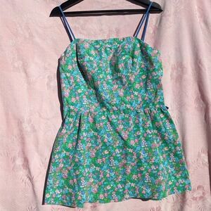 Vintage Seawaves Floral Swim Dress Women's 14 Bathing Suit Green Blue Mini Pinup